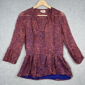 L'AGENCE Shirt Womens XS Pink Blue 100% Silk Peplum Lined 3/4 Sleeve Sheer Boho